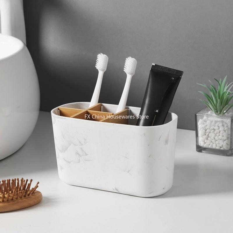 Bamboo Toothbrush Holder for Electric Toothbrushes - 5 Slot Bathroom Counter Organizer with Toothpaste Compartment