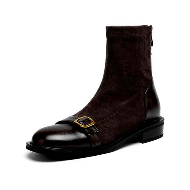 Krazing Po Microfiber Flock Winter Round Toe Size 33 Chelsea Boots Size 43 Zipper Metal Buckle Low Heels Ankle Boots