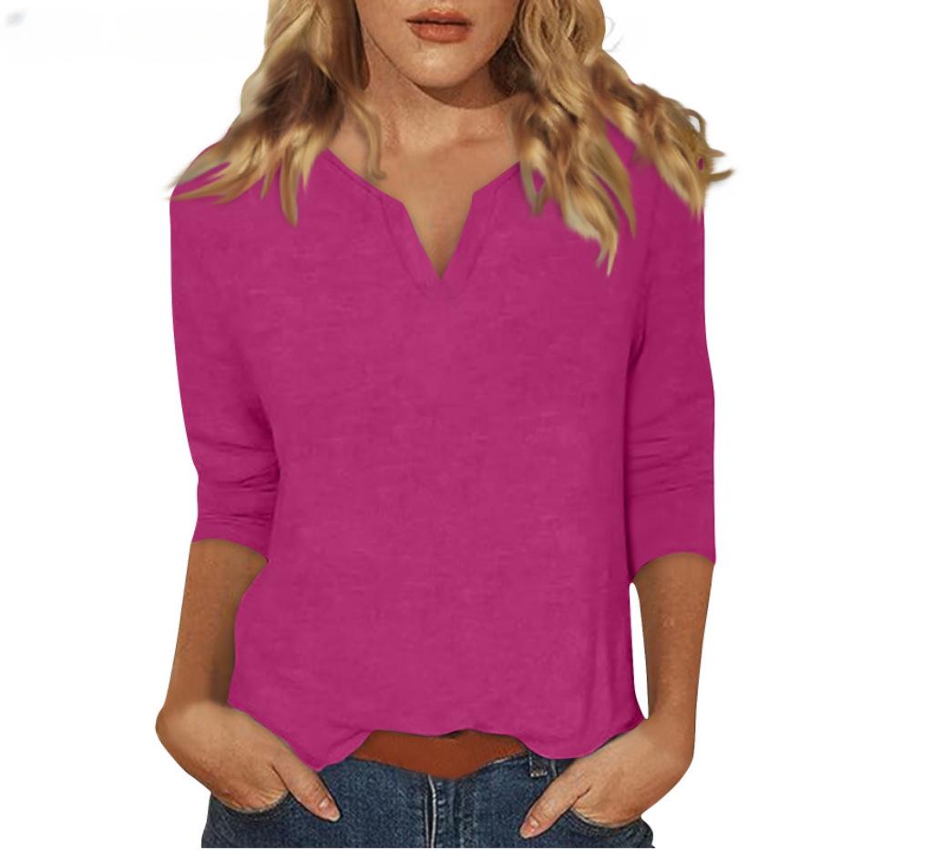 2025 Women's V-Neck 7-Point Sleeve Solid Color T-Shirt