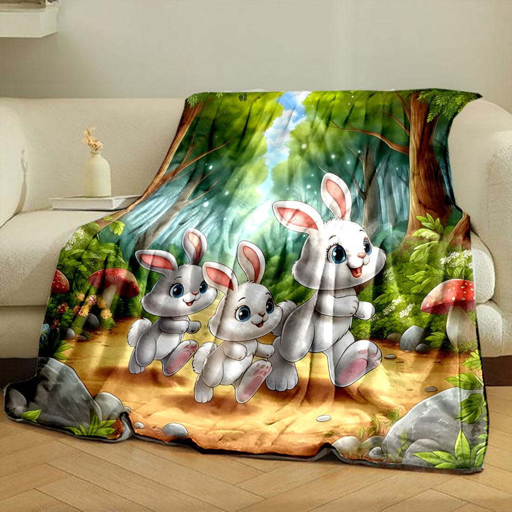 Cute Cartoon Bunnies In Enchanted Forest Print Blanket Soft and Cozy Perfect for the Living Room Bed Sofa or a Nap,gift