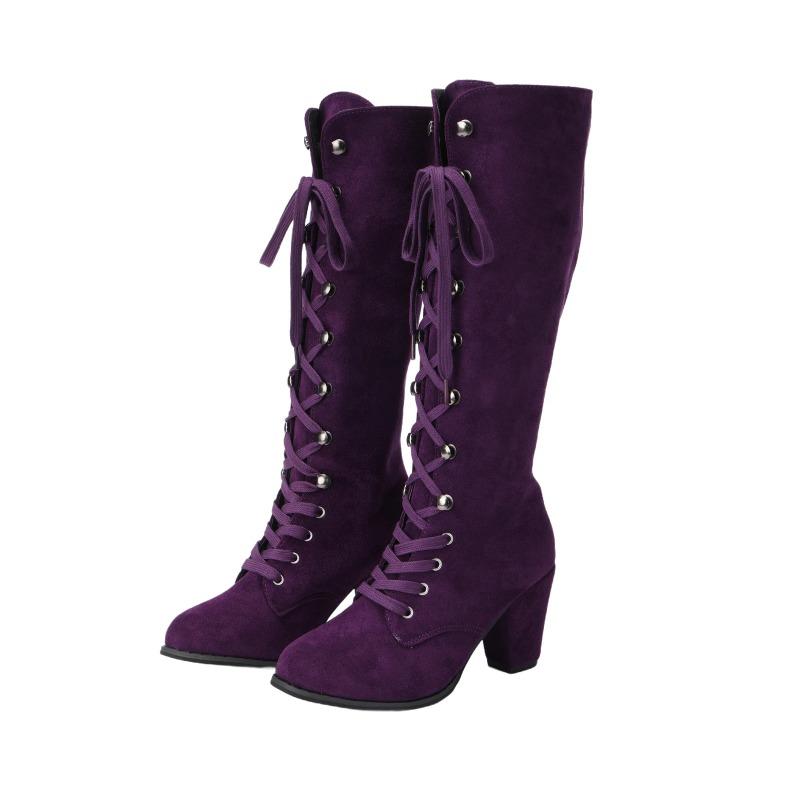 Stivali da Donna Medievali Vittoriani Al Ginocchio in Pelle Scamosciata Gotica con Tacco Chunky e Lacci Scarpe a Mezza Gamba Costume Cosplay