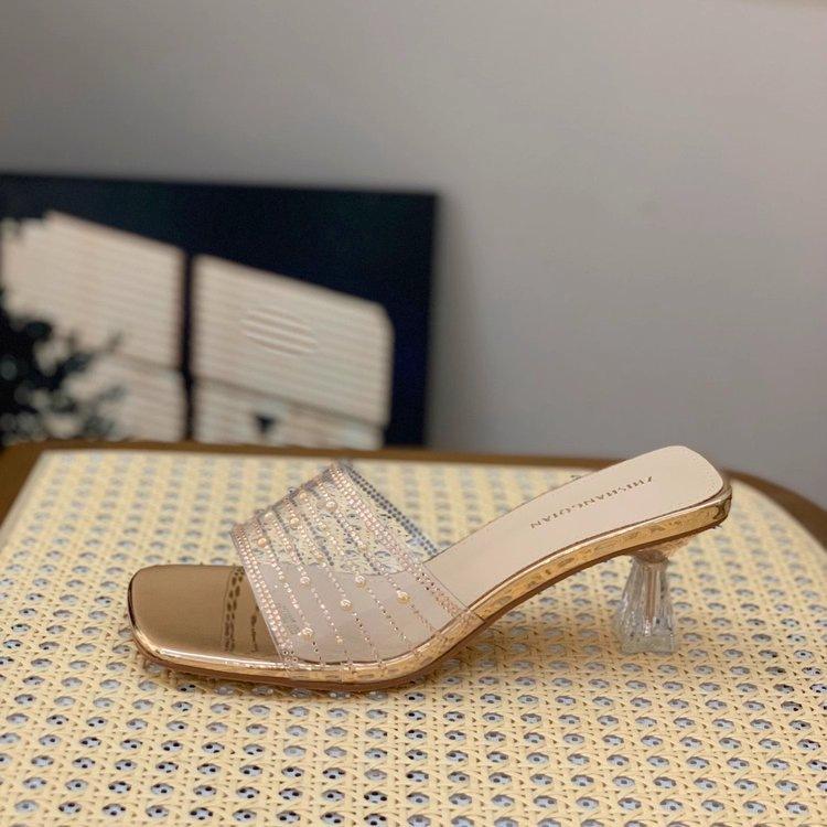 Go Out High Heels Summer New Square Head Thick Heel Wear French Rhinestone Slippers