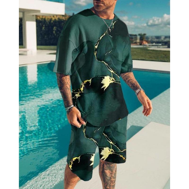 Costum de vară casual la modă pentru bărbați, cu imprimeu 3D cu animale, îmbrăcăminte sport cu mânecă scurtă, supradimensionat, cu gât rotund, șorturi, set de 2 piese