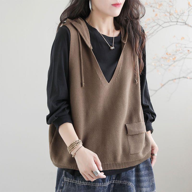 

Women Autumn Winter Knitted Vest Sweater with Hood Loose Casual Ethnic Style Waistcoat XXL кавовий