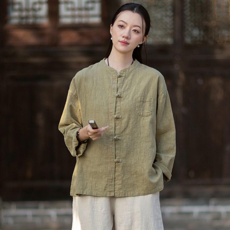 Johnature Women Vintage Shirts Spring Chinese Style Solid Color Stand Long Sleeve Button Pockets Blouses