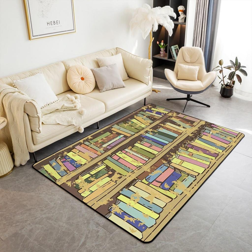 Bookshelf Area Rug for Teen Study Room Decor Library Book Print Carpet Vintage Bookshelf Living Room Doormat Bookcase Floor Mat