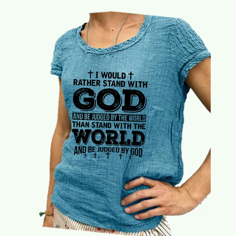 Women Fashion Cotton Linen T-shirt Round Collar Short Sleeve Top Spring&summer Print Blouse