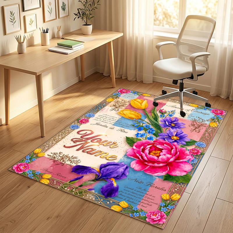 Floral Garden Theme Crystal Velvet Rug Personalized Custom Name Text Soft Floor Mat Home Decor
