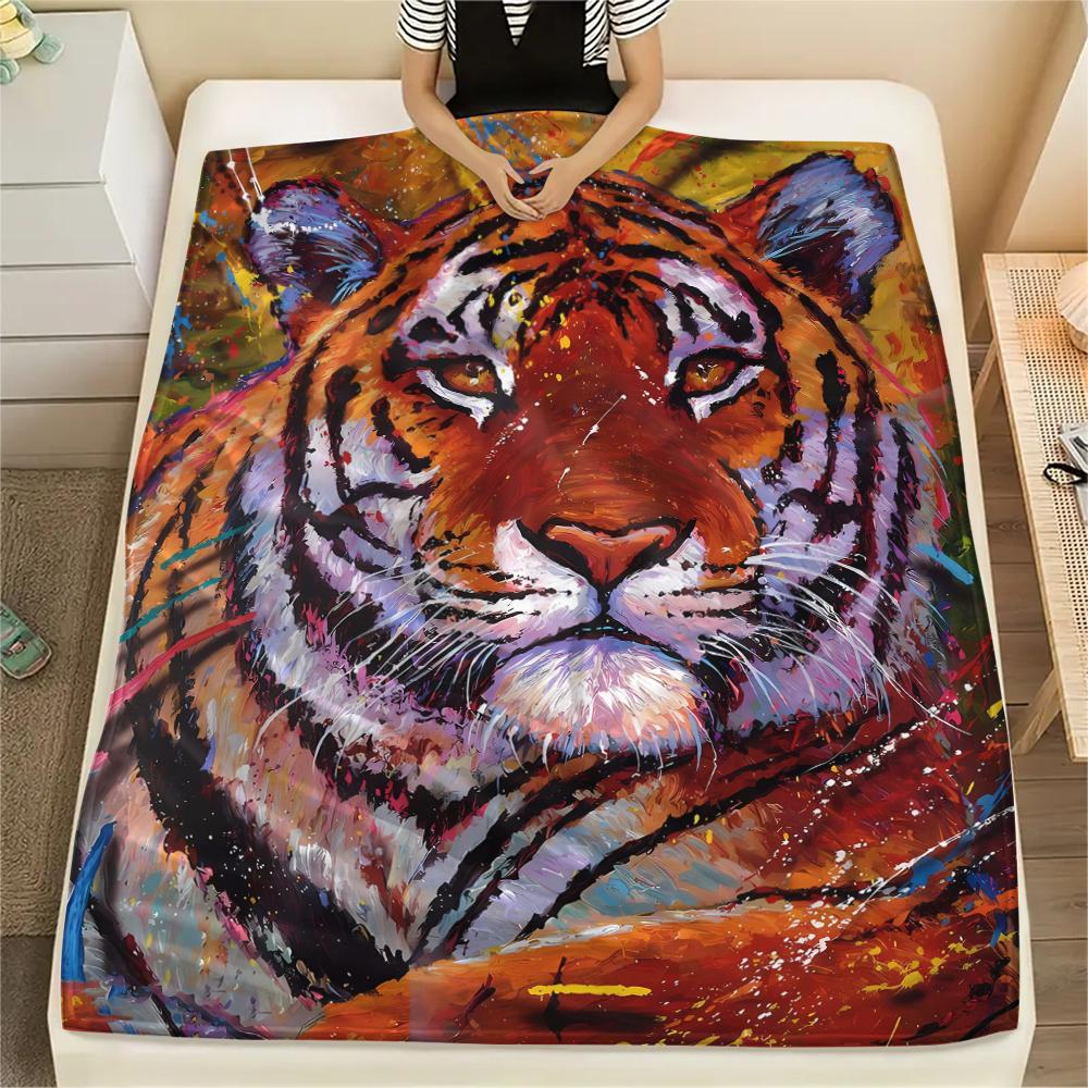 1Pc Tiger Fox Art Print Flannel Blanket, High Quality Comfortable for All Seasons, Home Decor, Warmth and Comfort, Perfect for Gifts