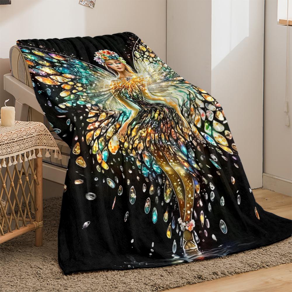 1pc Colorful Fairy Wings Crystal Gem Angel Flannel Blanket Mystical Art Soft Throw Blanket for Bedroom Yoga Meditation DecorGift