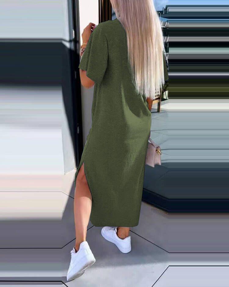 2024 Summer Women's Solid Color Short Sleeve Round Neck Slit Hem Dress