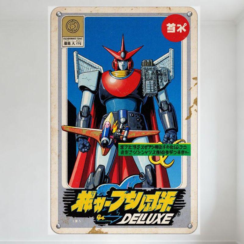 

Vintage Japanese Mecha Robot Tin Sign, Red Blue Helmet & Cape, Delux Toy/Anime Metal Poster for Home Wall Decor, 8x12 Inch 20x30cm（7.8x11.8inch）