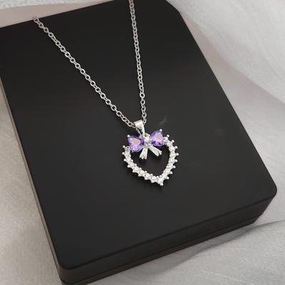 Titanium Steel Love Bow Necklace Women'S Light Luxury Simple Sweet Zircon Pendant With Jewelry