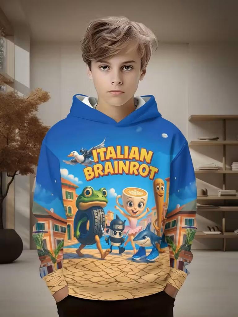 Felpe Divertenti Cappuccino Assassino Ragazzi Ragazze Felpa Divertente Stampa Italian Brainrot Manica Lunga Felpe con Cappuccio Bambini Felpe Umoristiche