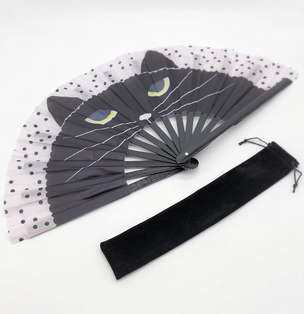 Modern Cat Face Design Large 34cm 64cm Open with Fan Kung Fu Heat Performance Fan, Length, Width, Case, Fan, Relief, Sunshade, Event, (Black)
