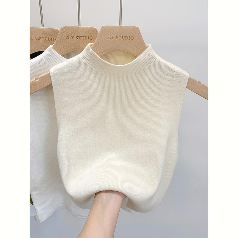 Dámské zeštíhlující pletené tílko s polorolákem, top bez rukávů, barevný blok, francouzský vintage styl, letní, všestranné vrstvení, strečový polyester, jedna velikost