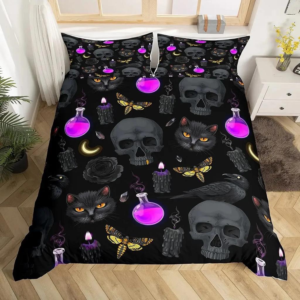 Katzenknochen-Bettwäscheset Full QueenHalloween Gothic Totenkopf Bettwäscheset SchwarzWeiß Galaxie Bettdeckenbezug Steppdeckenbezug