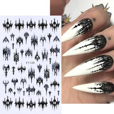 3D Gothic Black Halloween Nail Stickers Cool Design Alphabet Letter Lace Castle Skull Y2K Manicure Decoration Accessories