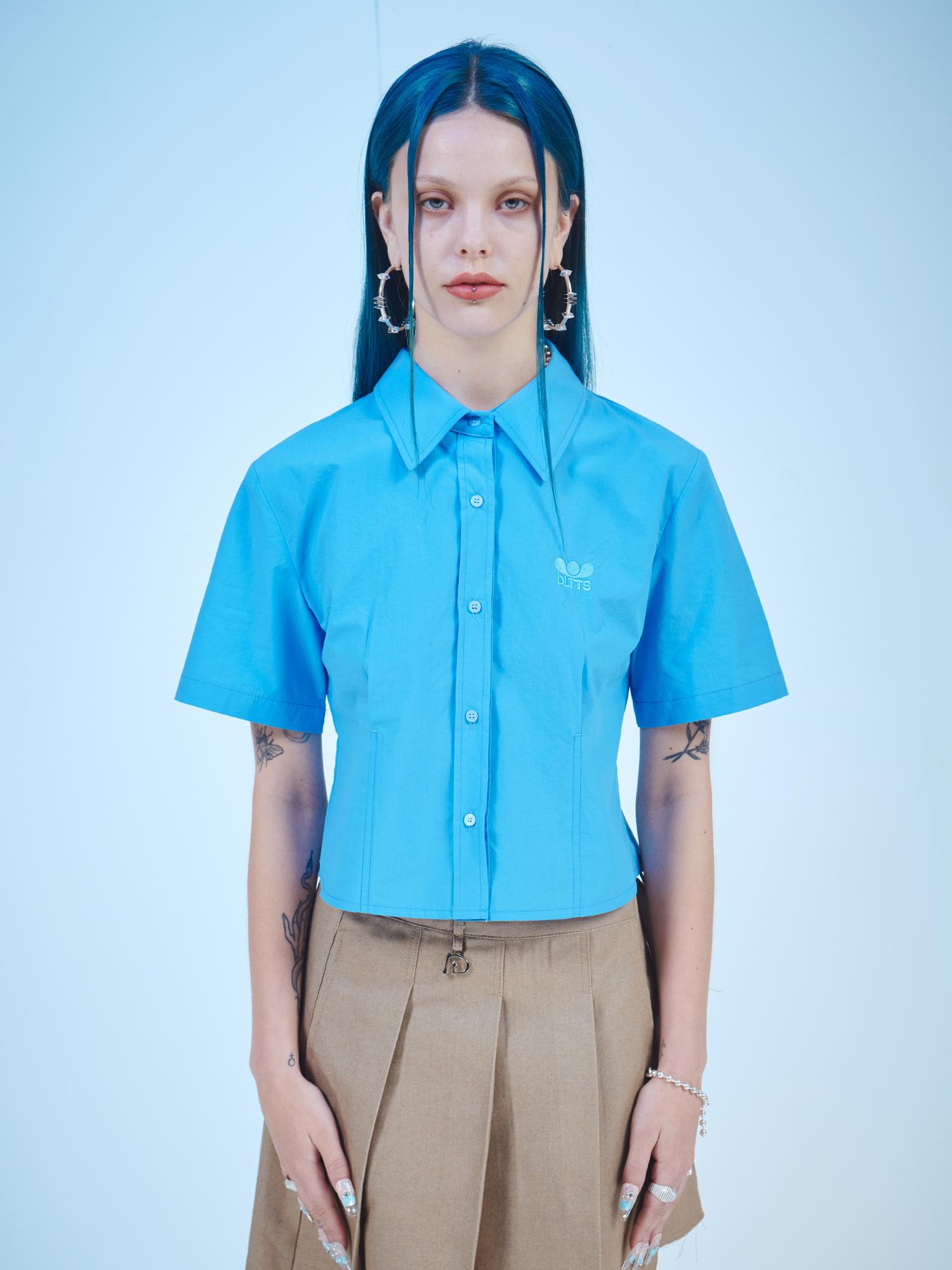 Dilettantism Crop Short Sleeve Cotton Shirt (Sky Blue)