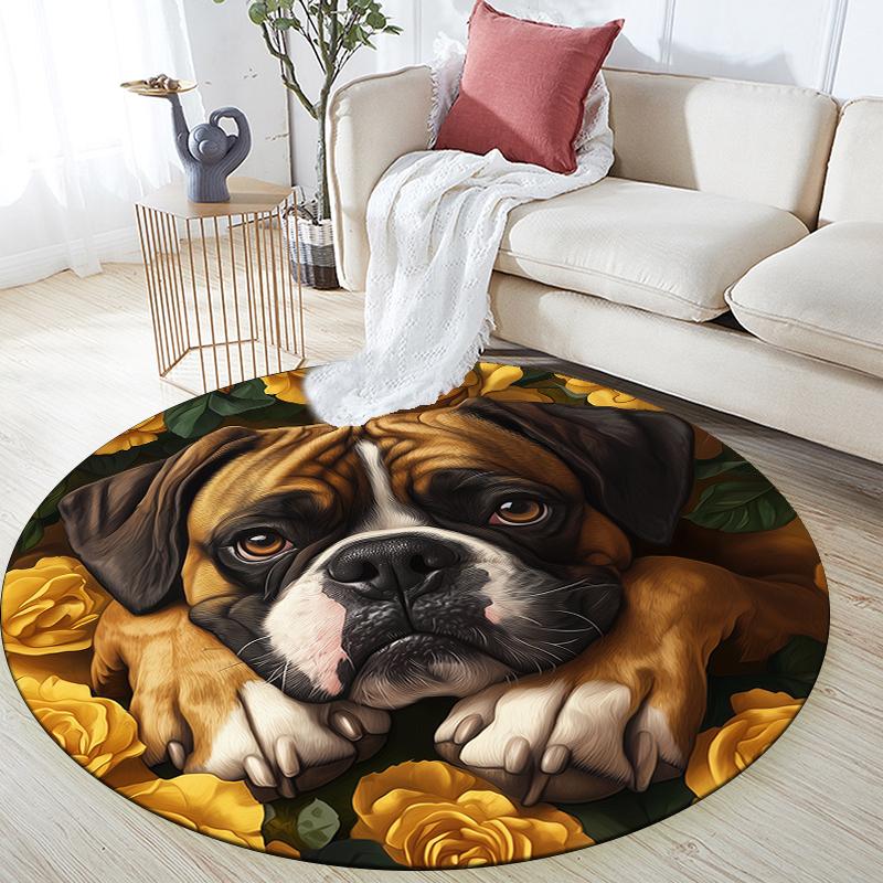 Runder Teppich mit Muster aus Boxern und Blumen, Teppich für Wohnzimmer, Schlafzimmer, Spielzimmer, Rutschfeste Fußmatte, Feiertagsgeschenke und Geburtstagsgeschenke.