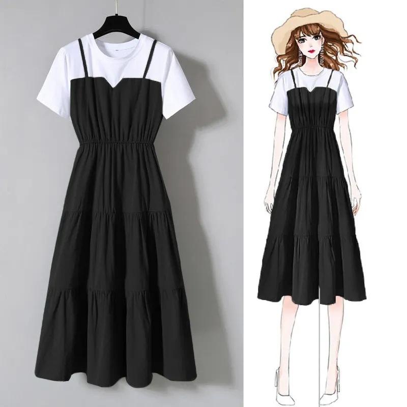Fashion Strap Fake Two Piece Dress Block Summer Short Sleeved Dress Women's Waist Tight Dress