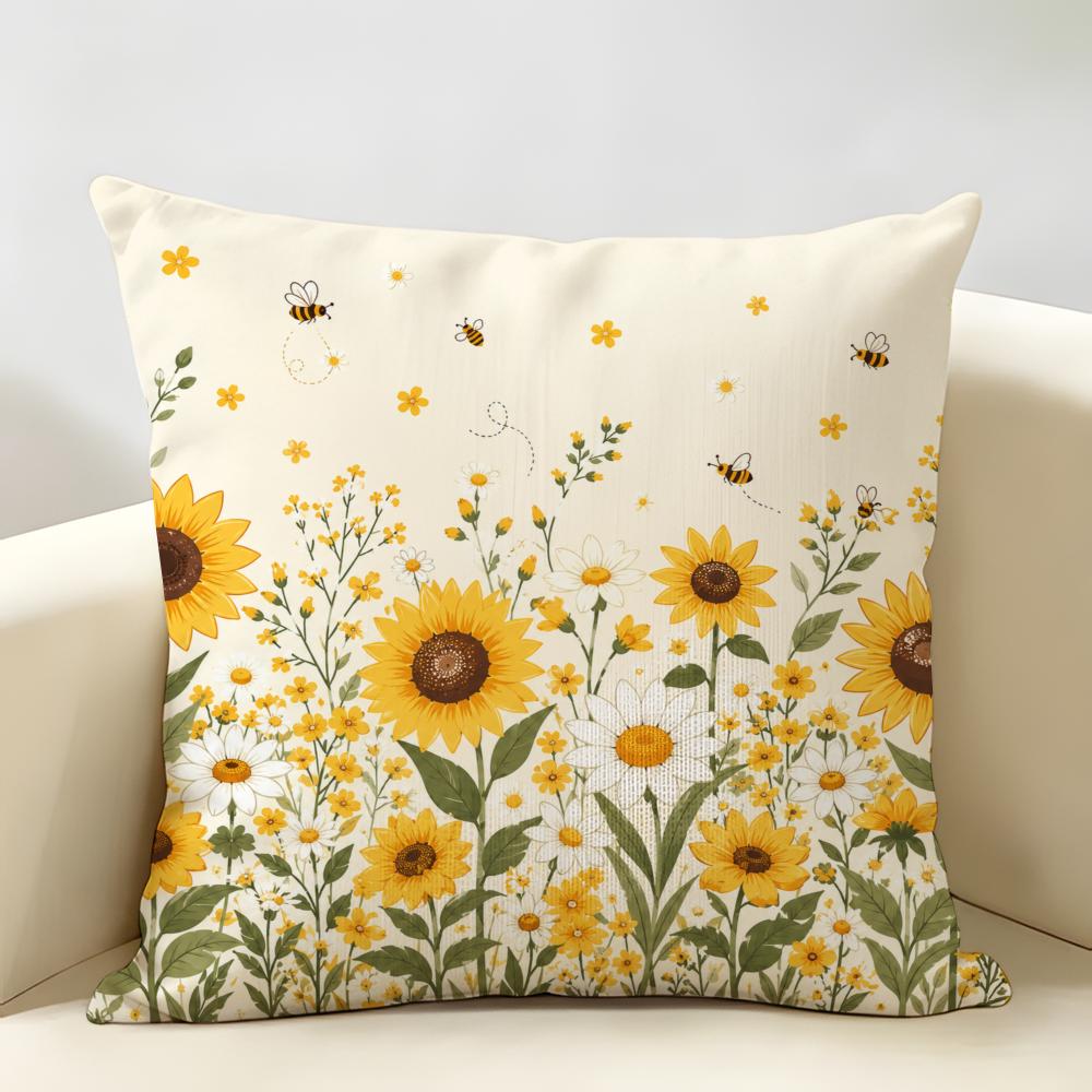 Floral Sunflowers Daisies Bees Butterflies Cushion Cover Durable Hypoallergenic Linen Pillow Cover Washable SkinFriendly