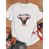 Camiseta com Estampa de Cabeça de Boi de Rodeio Tamanho Europeu, Camiseta Casual de Gola Redonda com Manga Curta, Roupa Feminina