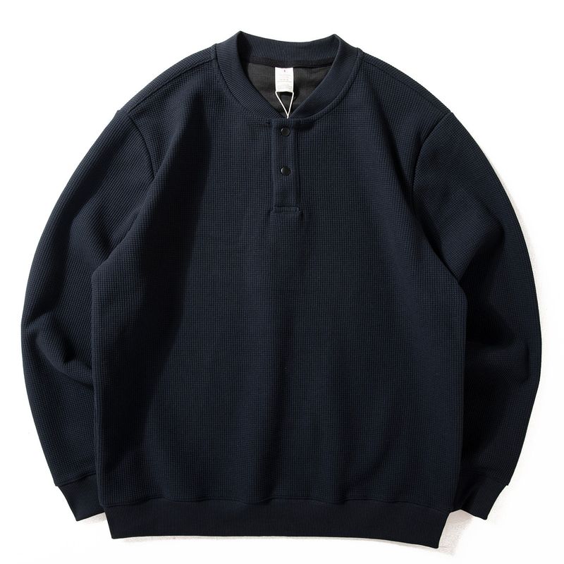 Henry Collar Sweatshirt for Men, Autumn Season, Heavy Texture Pullover Long-Sleeve Top, Waffle Pattern Casual Loose Base Layer Jacket, Trendy