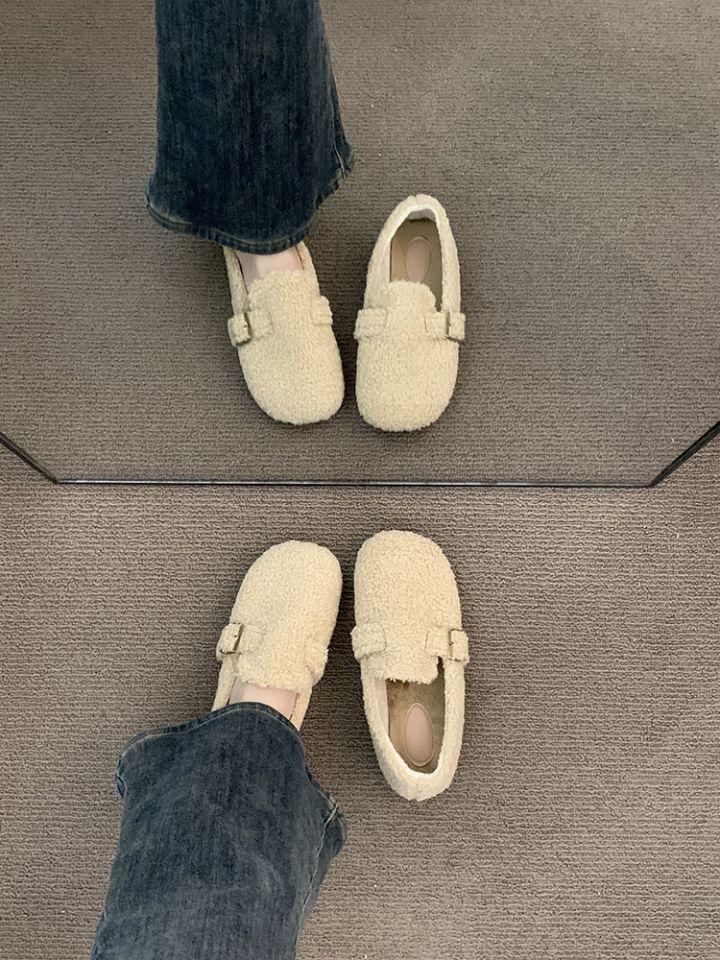 Flat-bottomed fluffy shoes for women's outer wear 2025 new autumn and winter one-pedal piled laden shoes gentle white Mary Jane cotton shoes