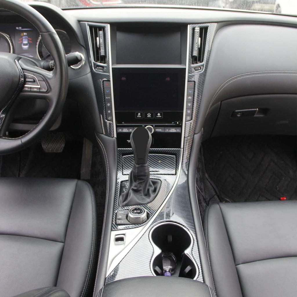 Carbon Fiber Center Console Dashboard Air Vent Gear Cup Holder Panel Cover Trim for Infiniti Q50 Q60 2014-2024