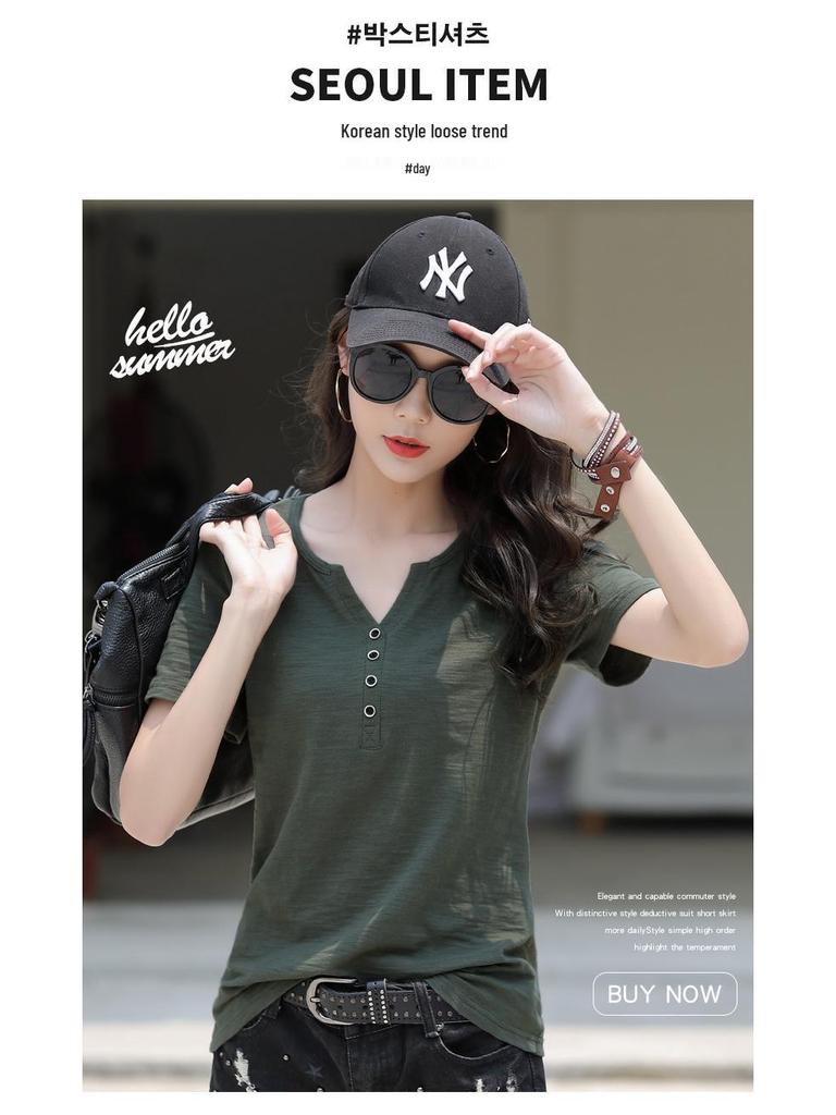 Women's 2024 Summer Plus-Size Retro V-Neck Short-Sleeve T-Shirt - Solid Color, Simple, Versatile, and Trendy.