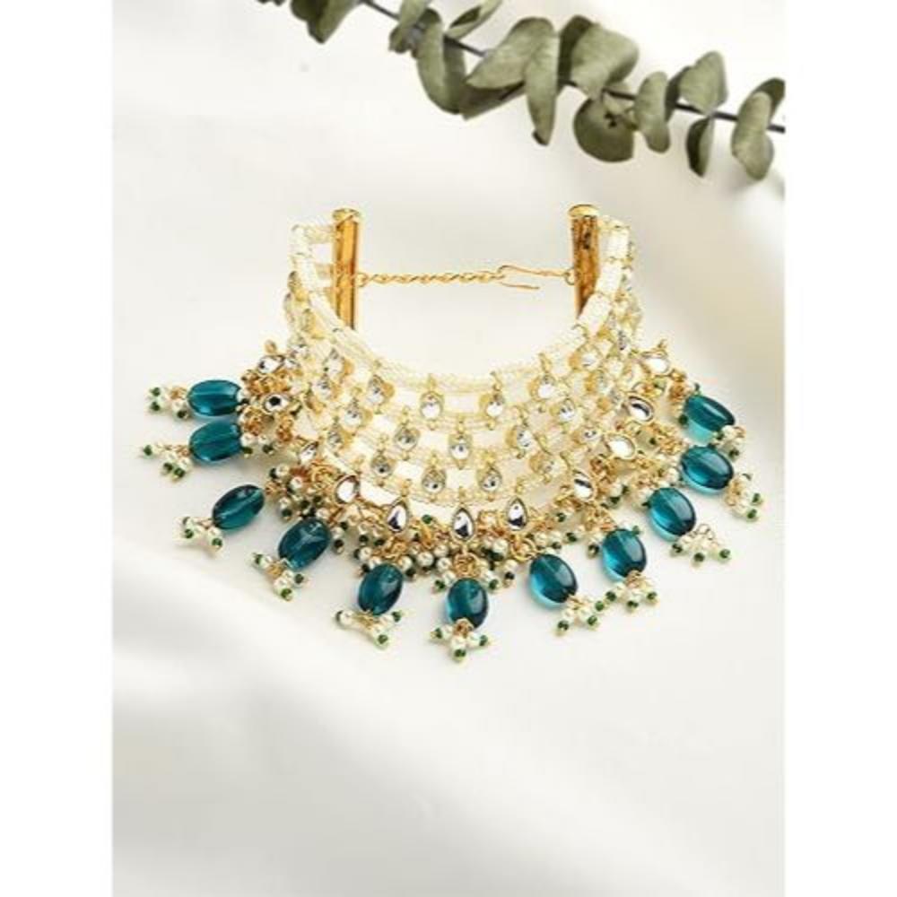 Green Beads Traditional Kundan & Pearls Bracelet For Women