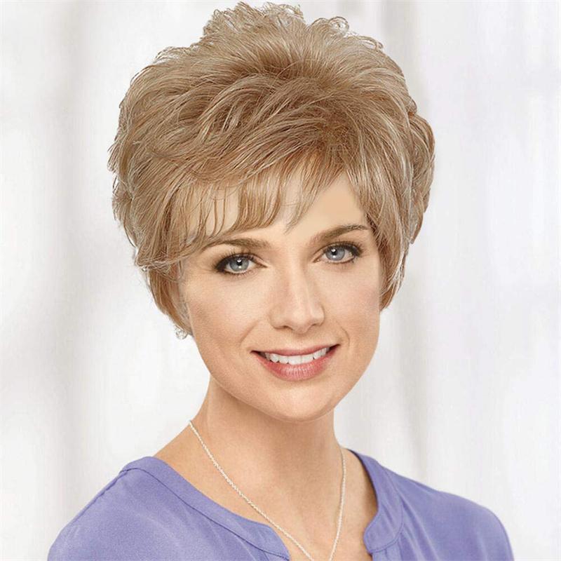 Blonde Curly Wigs for Women Synthetic Hair Heat Resistant Natural Wig with Bangs Short Bob Wigs for Mother Daily Wear Wig Casual