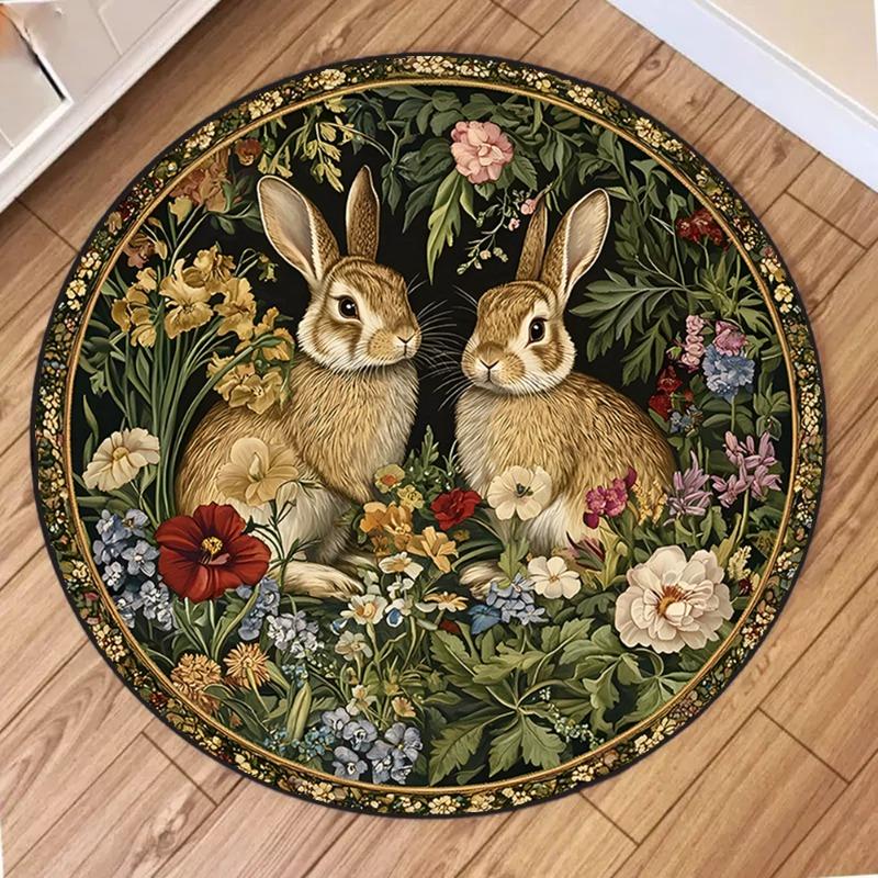 Cute Rabbit Round Carpet Ethnic Style Flowers Bunny Area Rug Soft Non-slip Animal Home Decor Floor Mat Holiday Living Room Decor
