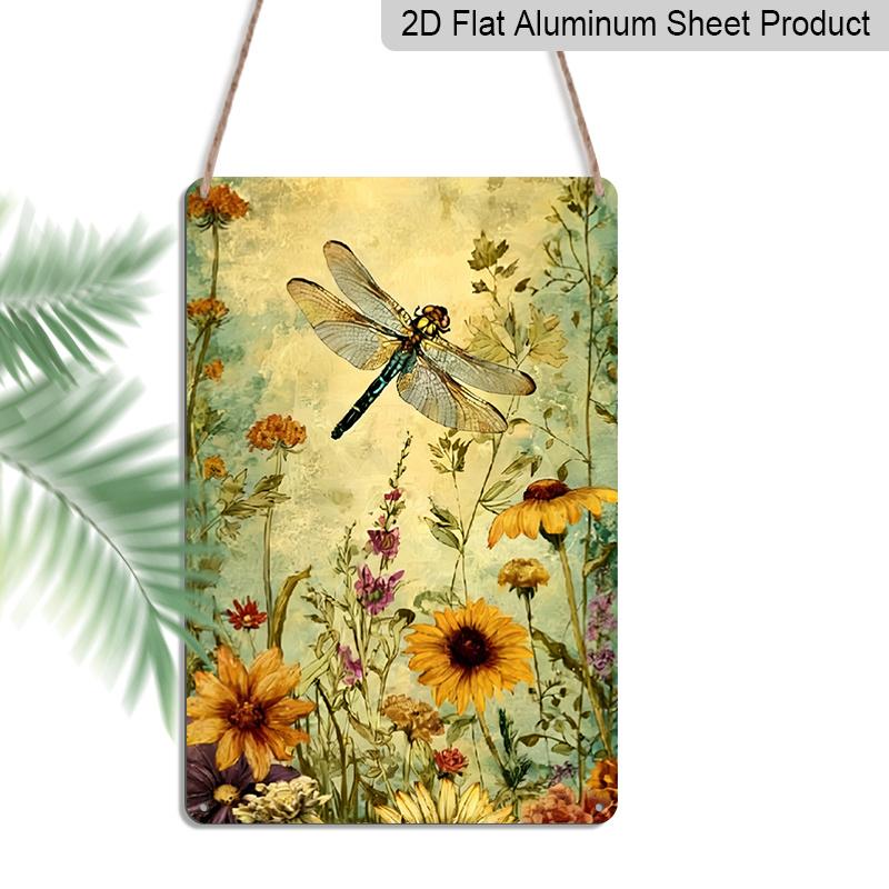 2D Flat - 1pc Vintage Dragonfly Floral Metal Sign | Aluminum Wall Art Decor, Garden Cafe Garage Engraving, 8x12 Inch, for Home Restaurant Indoor