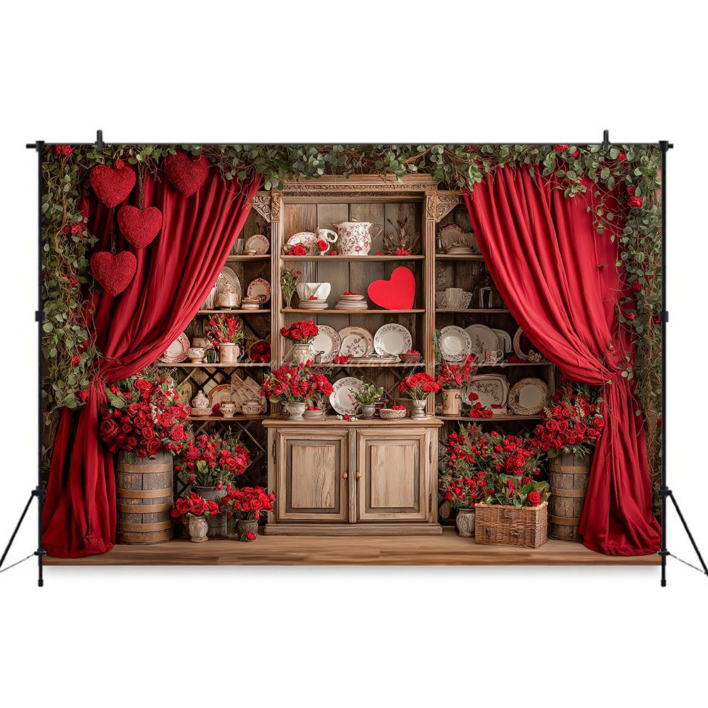 Valentine's Day red rose heart-shaped wooden cabinet banner shooting Backdrop, Valentine's Day adult portrait shooting Backdrop3