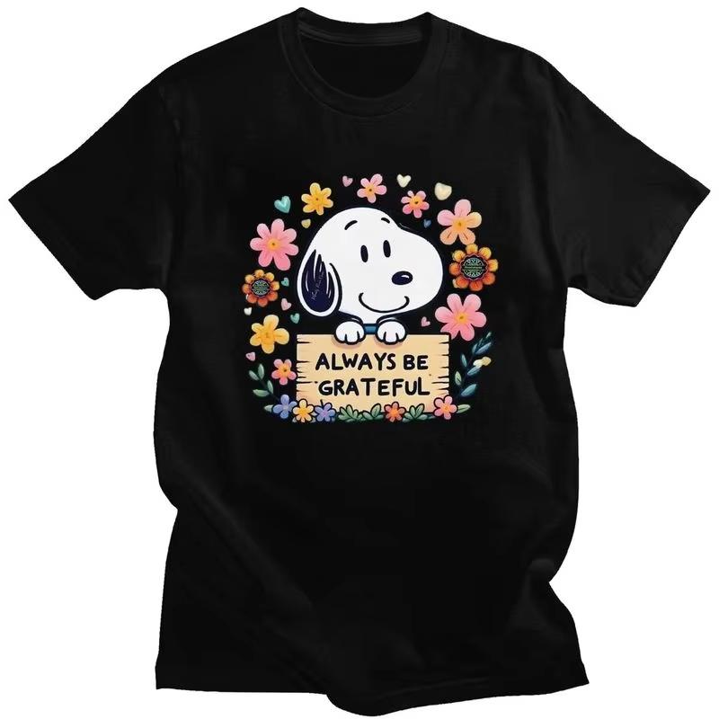 Snoopy Always Be Grateful Flowers Black T-shirt M