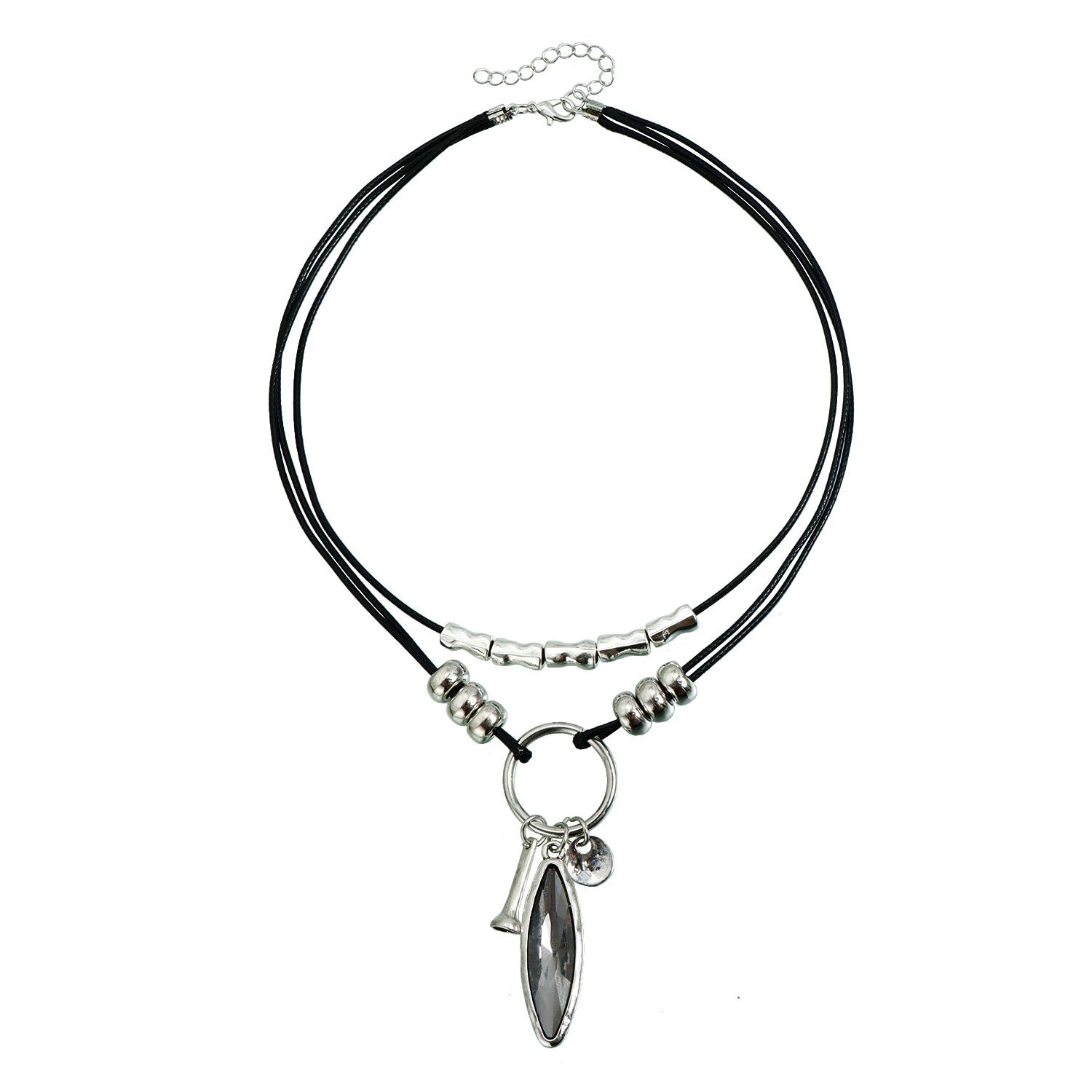 

Personalized geometric rhombus black diamond necklace, retro industrial punk leather rope necklace