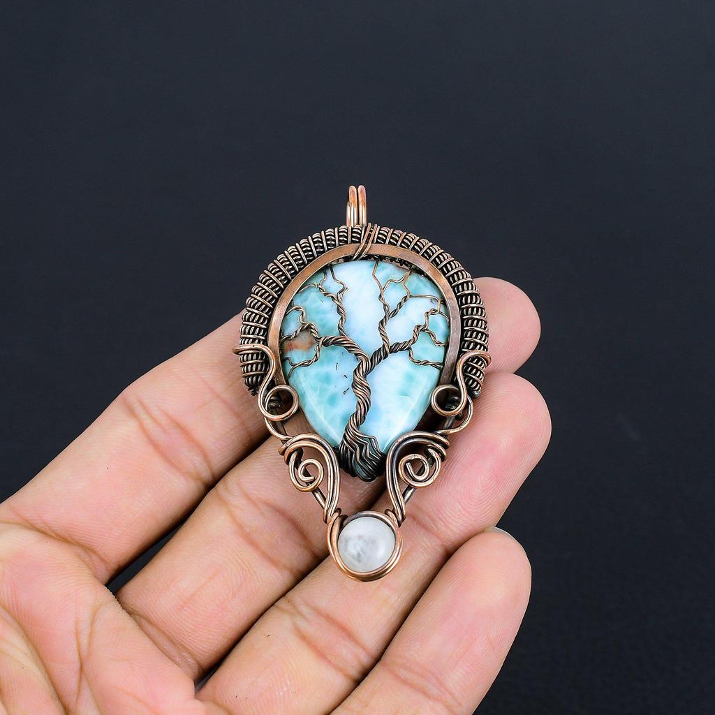 Tree Of Life Larimar Pendant Gemstone Jewelry, 999 Copper Wire Wrapped Pendant, Handmade Jewelry Birthstone Pendant, Gift For Him