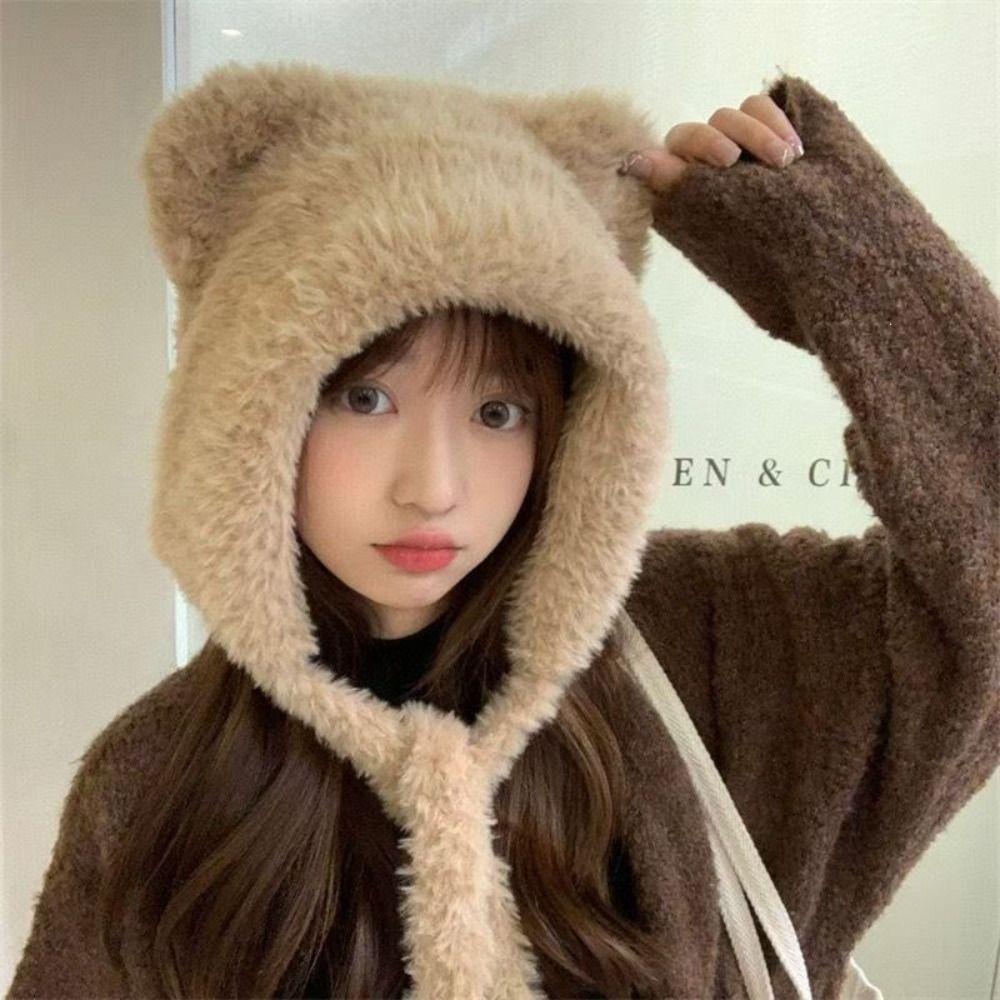 Warm Bear Ears Knit Hat Slouchy Plush Beanie Cap Cute Ear Protection Hat Cold Weather