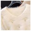 Autumn Winter Women Sweet V-neck Soft Furry Mohair Beading Knitted Sweater Christmas Short Pullover Tops