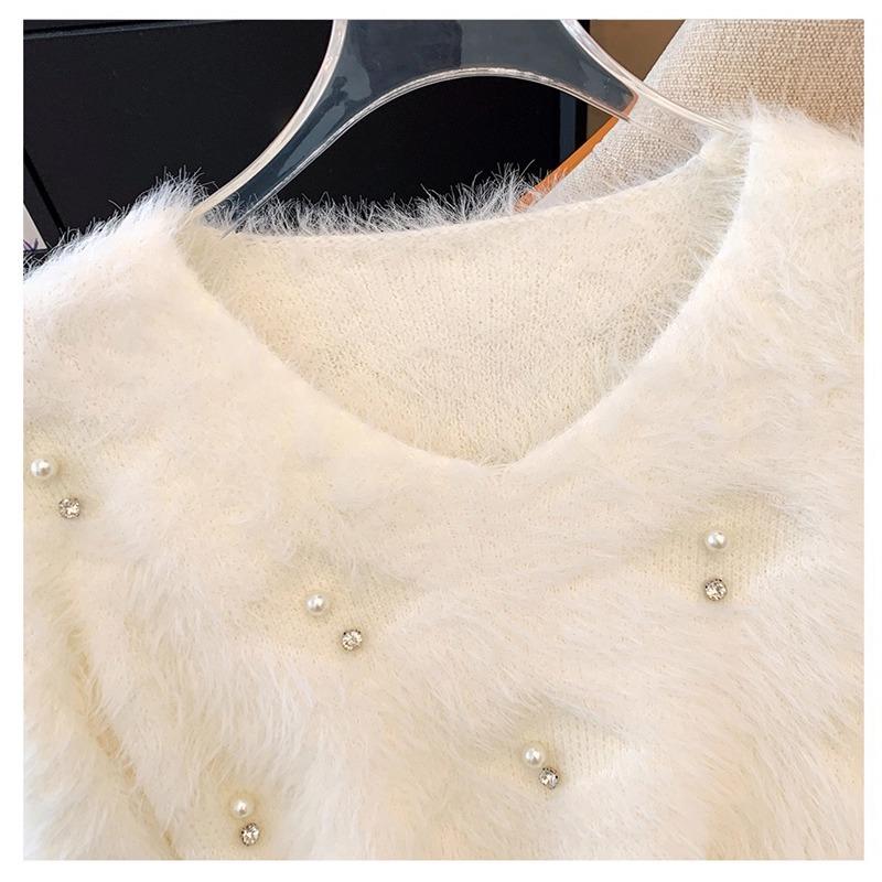 Autumn Winter Women Sweet V-neck Soft Furry Mohair Beading Knitted Sweater Christmas Short Pullover Tops