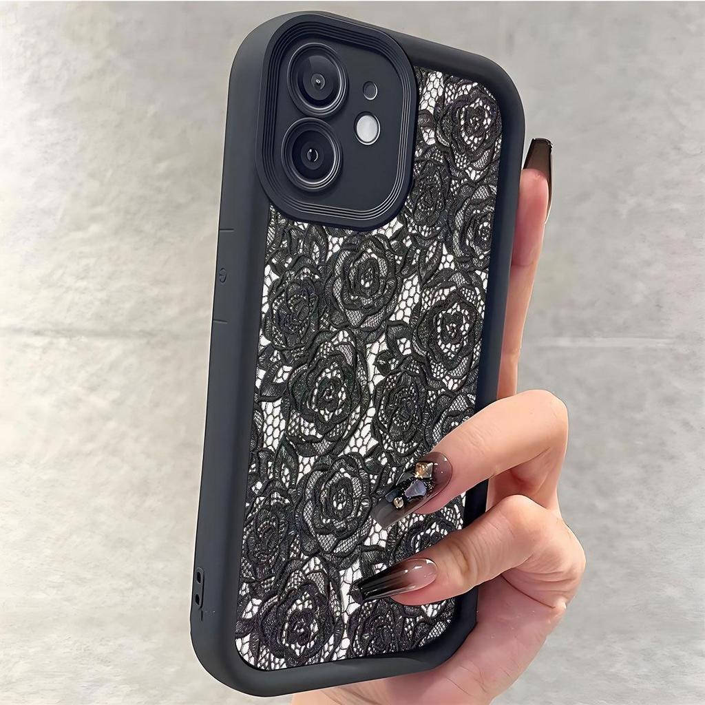 Black Lace Floral Design Phone Case for iPhone 15/16/17 Pro Max