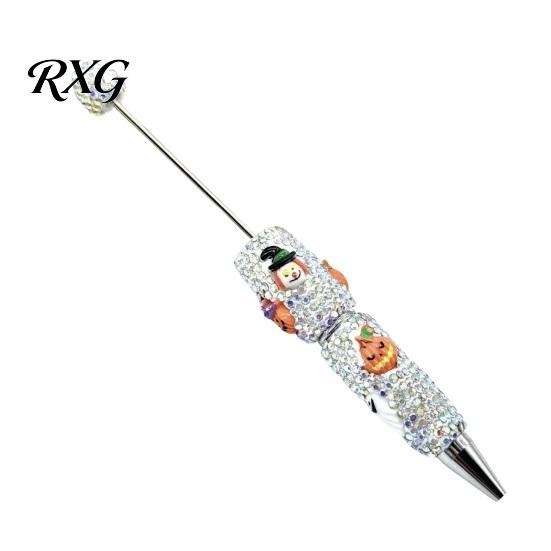 Sparkly Rhinestone Pen Beadable Pen, Glitter Plastic Beaded Halloween Pumpkin Ghost Skull Office Supplies Gel Ink for DIY Craft Making, School Set