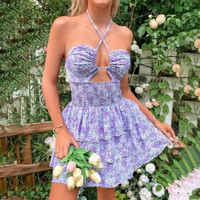 Robe tube fleurie à lacets pour femme avec taille et bretelles creuses - Mini-jupe été 2025