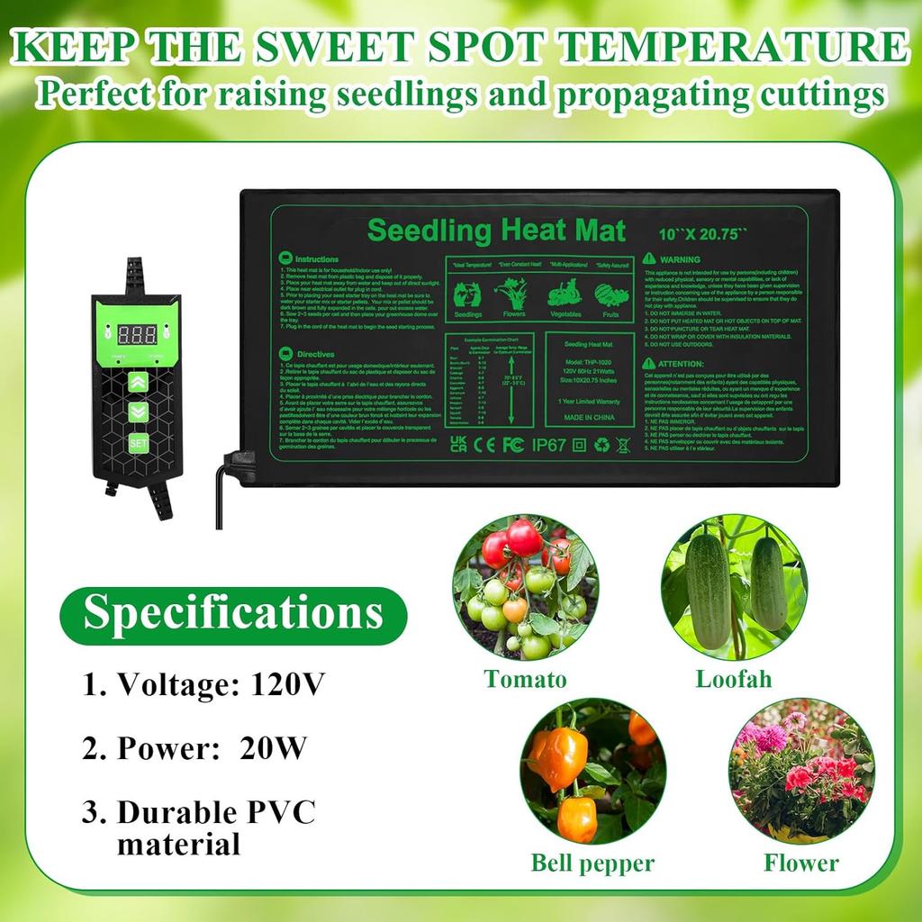 Honoson 3 Pack Seedling Heat Mat with Digital Thermostat Control, Waterproof Durable Plant Heating Pad for Seed Starting, Warm Hydroponic Heating Mat