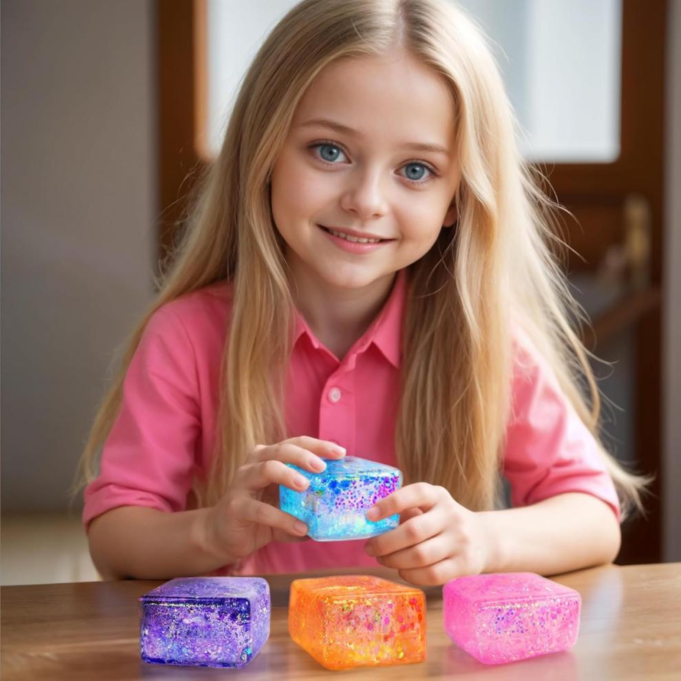 4pcs Glitter Ice Cube Stress Balls, Colorful Needoh Ice Cube Fidget Toy Funny