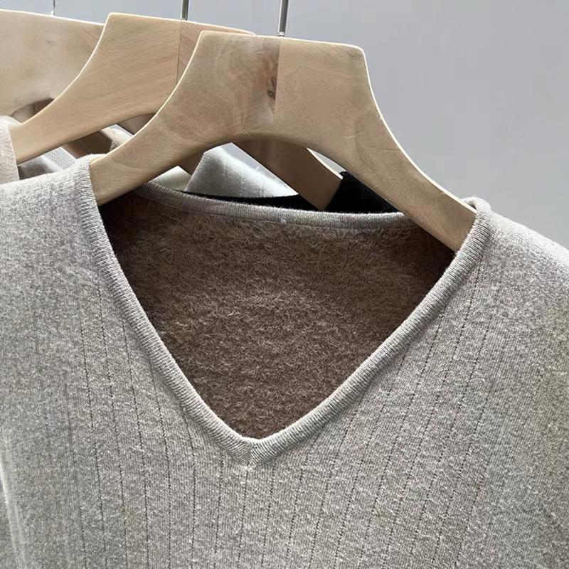 Casual Style Plush V-neck Long-sleeved T-shirt Sweater for Women Autumn and Winter