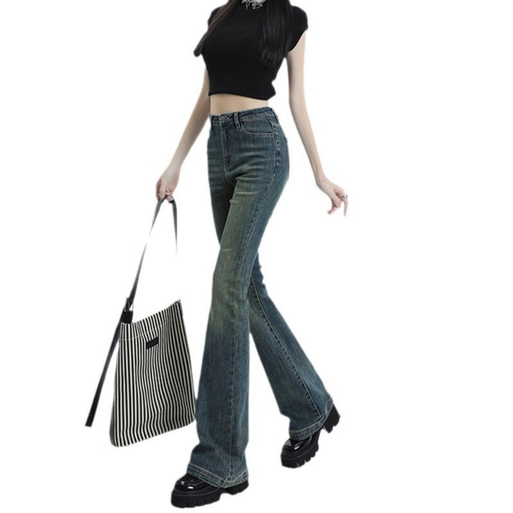 Personalized micro-pull jeans women's spring and autumn new high-waisted horseshoe pants versatile American retro horn jeans
