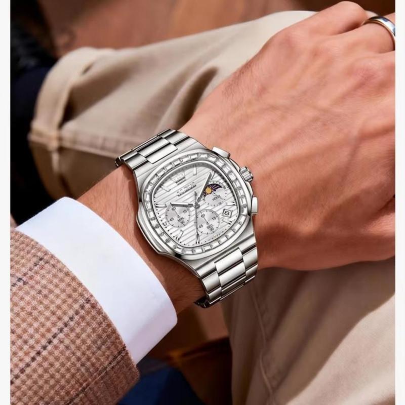 Men Square Diamond Bezel Quartz Watch Moon Phase Date Chronograph Luminous Waterproof Wrist Watch